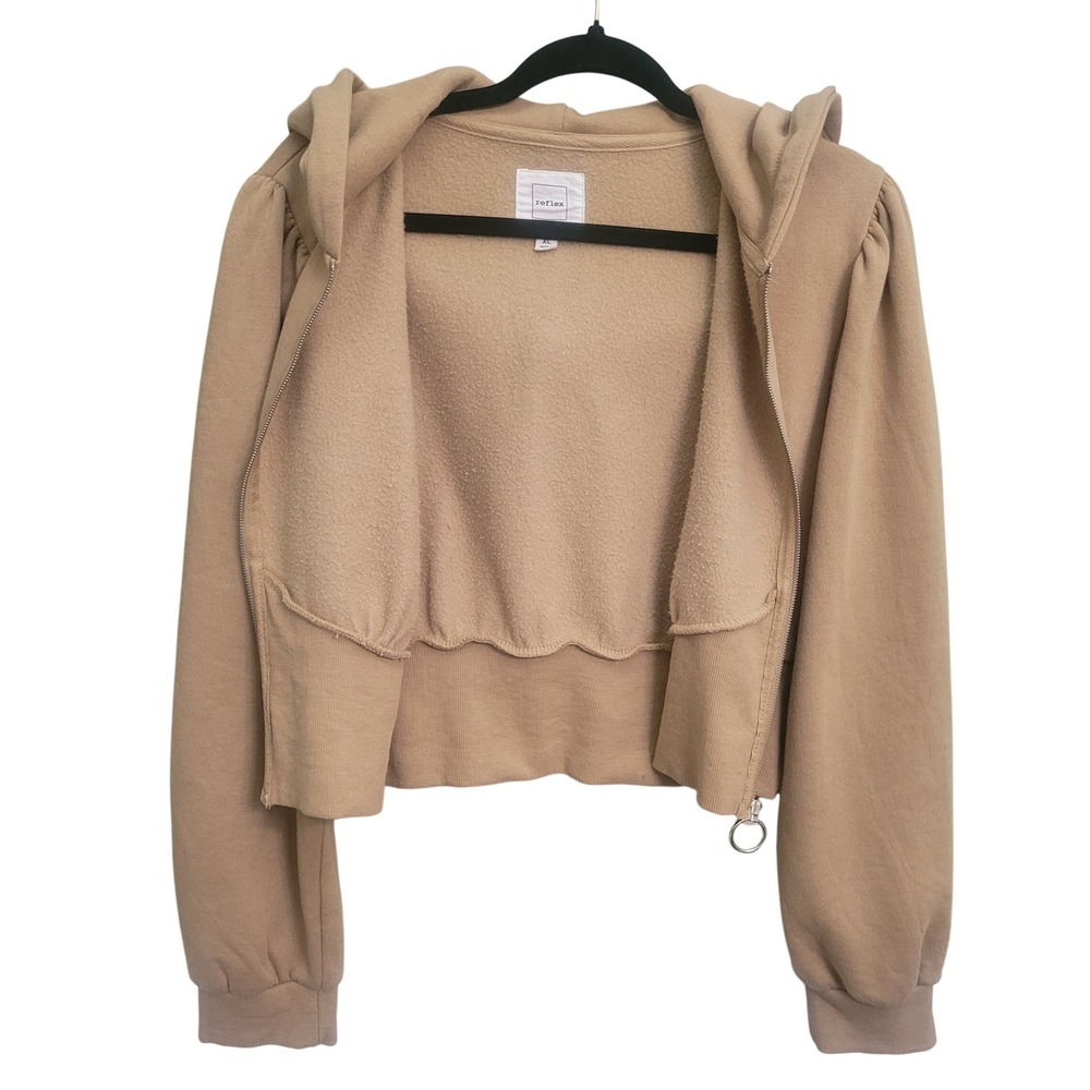 Reflex Women's Beige Cropped Zip Up Hoodie‎ Puff Sleeve "Life is Out There" - Picture 4 of 12